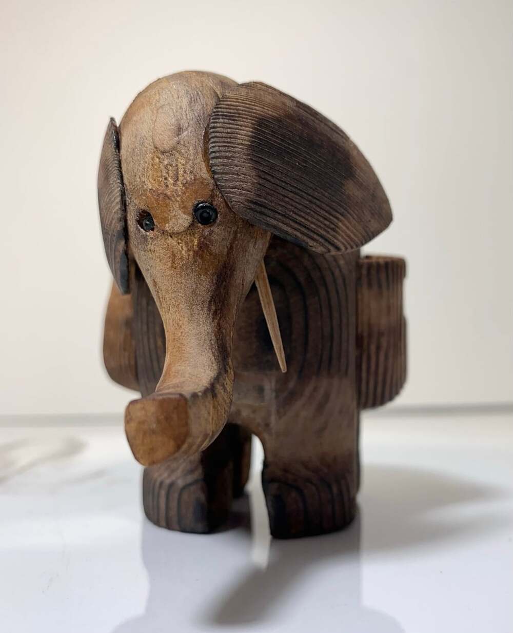 Elephant Carved Wood Figurine Toothpick Holder Decor Folk Art